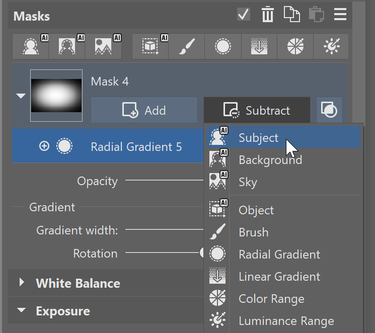 AI masks in zoner Photo Studio X: Subtract Subject